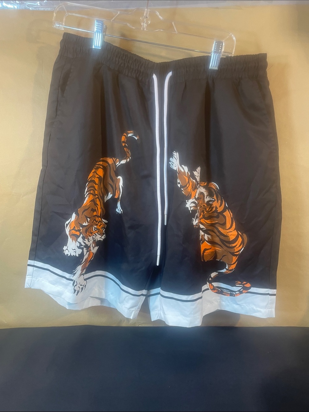 Men's Black Swim Trunks with Orange Tiger Print